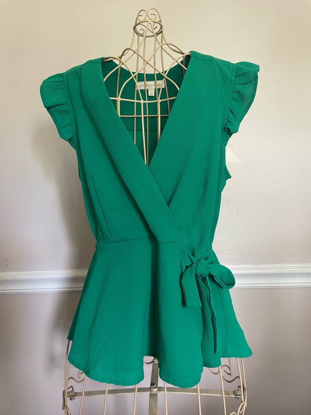 Monteau Green Wrap Peplum Top with Tie Waist - Women's